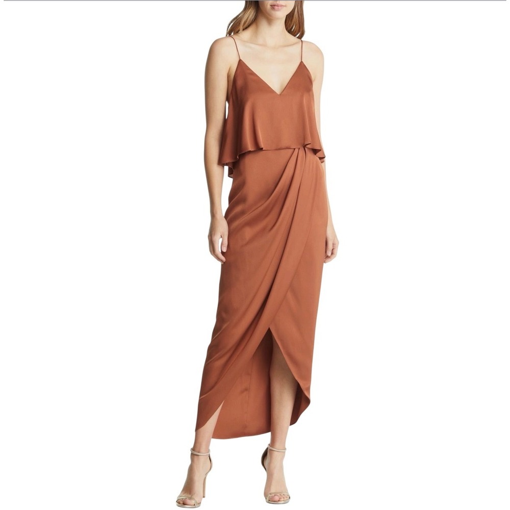 NEW SHONA JOY Luxe Frill Tulip Hem Maxi Dress Mocha Size 8 NWT